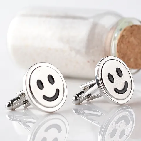 Boutons de Manchette Modernes en Alliage Visage Souriant Argent Noir Émail Accessoires Chemise Homme Business Mariage