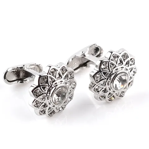 Luxury Round Floral Rhinestone Cufflinks For Men Silver Alloy Crystal Flower Cuff Links Wedding Business Shirt Accessory