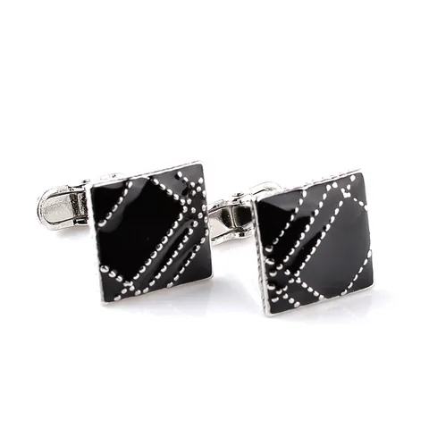 Men's Square Black Enamel Geometric Grid Cufflinks Alloy Electroplated Business Shirt Cuff Links Silver Dot Pattern Jewelry Accessory