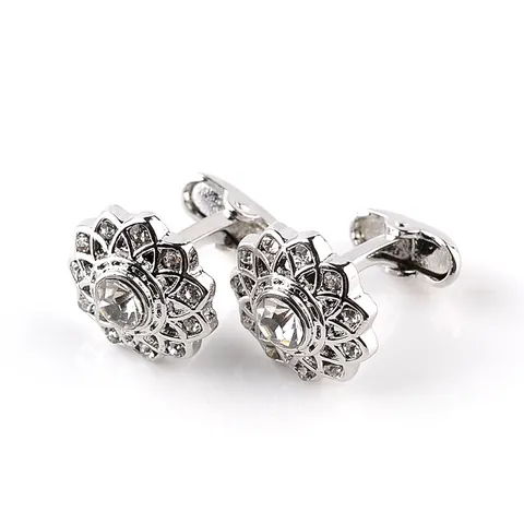 Luxury Round Floral Rhinestone Cufflinks For Men Silver Alloy Crystal Flower Cuff Links Wedding Business Shirt Accessory