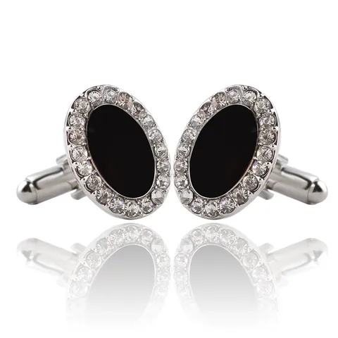 Boutons de Manchette Hommes Affaires Alliage de Zinc Argent Noir Strass Ovale Chemise Française Mariage Fête Formelle Bijoux Accessoires Cadeau
