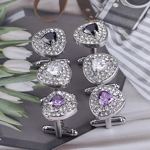 Elegant Alloy Heart Triangle Cufflinks With Zirconia Rhinestone For Men Business Wedding Shirt Accessories Fashion Jewelry Gift