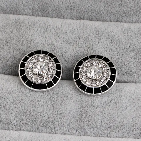 Luxury Men Round Rhinestone Cufflinks Silver Plated Alloy Black Enamel Radial Pattern Business Wedding Shirt Jewelry Accessory