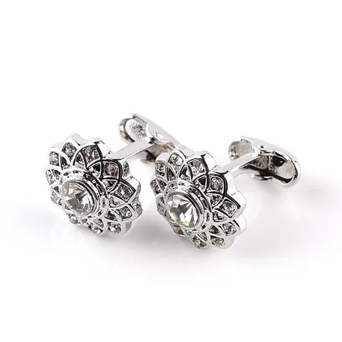 Luxury Round Floral Rhinestone Cufflinks For Men Silver Alloy Crystal Flower Cuff Links Wedding Business Shirt Accessory