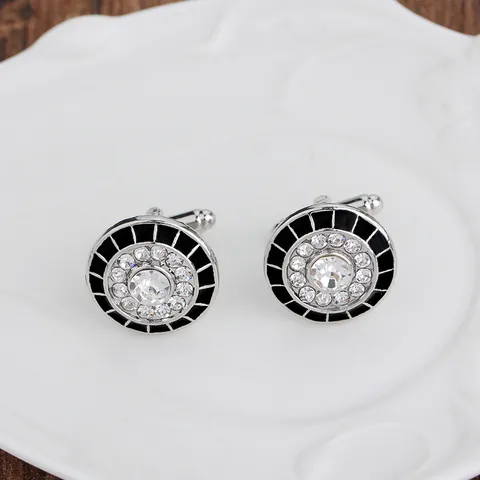 Luxury Men Round Rhinestone Cufflinks Silver Plated Alloy Black Enamel Radial Pattern Business Wedding Shirt Jewelry Accessory
