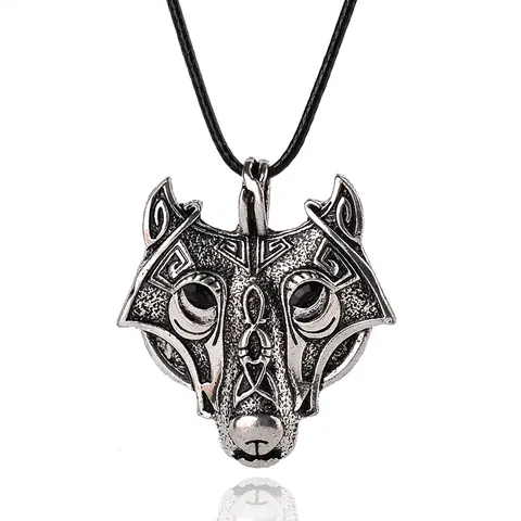 Nordic Viking Wolf Head Pendant Necklace Vintage Alloy Animal Totem Mythology Retro Necklace With Adjustable Wax Rope For Men Women