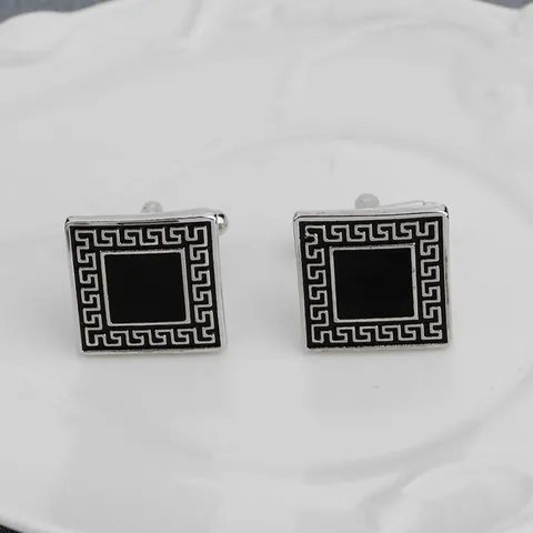 Gemelli Vintage Quadrati in Lega Smaltata Con Motivo a Meandro Argento Nero Per Camicia Da Uomo Gioielli