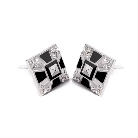 Boutons de Manchette Homme en Alliage Carré avec Strass Accessoires de Chemise Française Argent Noir Émail Géométrique Boutons de Manchette Bijoux
