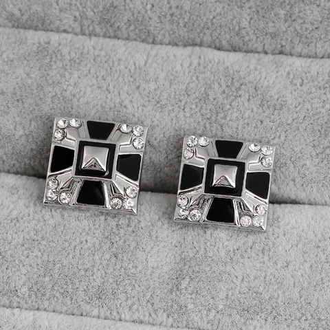 Boutons de Manchette Homme en Alliage Carré avec Strass Accessoires de Chemise Française Argent Noir Émail Géométrique Boutons de Manchette Bijoux