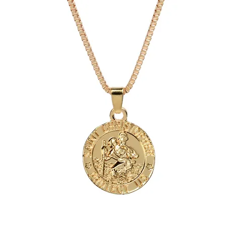 Collana con Ciondolo a Medaglia Tonda Saint Christopher Protect Us in Lega Vintage per Donna Uomo Gioielli Religiosi Catena a Scatola