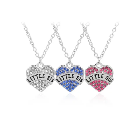 Alloy Rhinestone Heart Pendant Necklace Little Sis Bestie Engraved Sister Friendship Jewelry For Women Girls