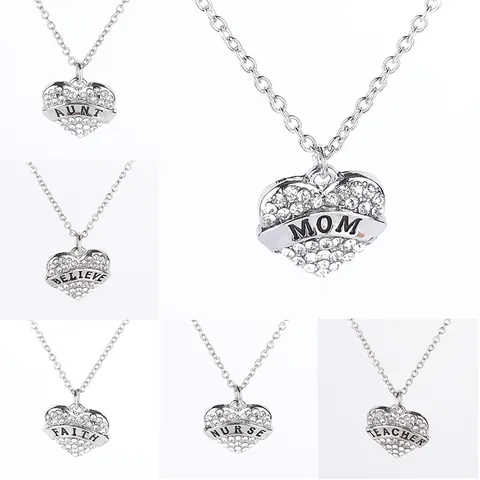Legierung Strass Herzanhänger Halskette Silber Farbe Eingraviert Buchstabe Mom Sister Daughter Familie Schmuck Geschenk Damen