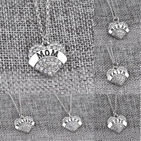 Legierung Strass Herzanhänger Halskette Silber Farbe Eingraviert Buchstabe Mom Sister Daughter Familie Schmuck Geschenk Damen