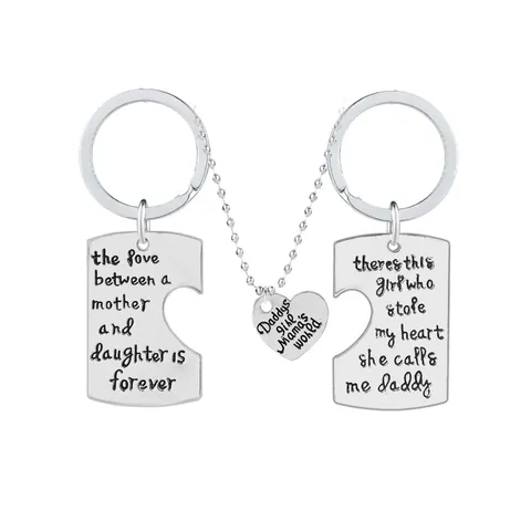 Alloy Heart Puzzle Keychain And Necklace Set Mother Daughter Forever Love Lettering Family Jewelry Gift For Women Girls Silver