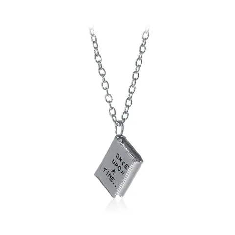 Literary Silver Alloy Book Pendant Necklace Once Upon A Time Engraved Storybook Jewelry Gift For Women Teen Girls