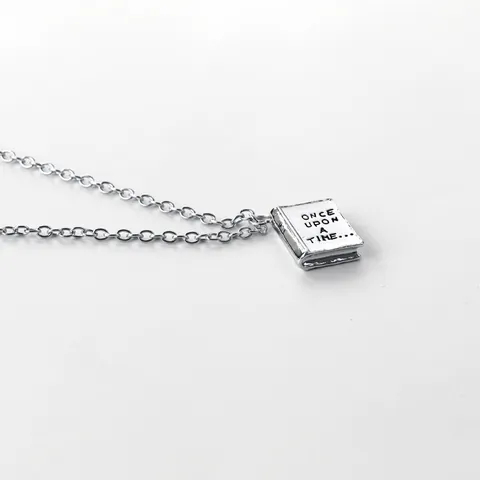 Literary Silver Alloy Book Pendant Necklace Once Upon A Time Engraved Storybook Jewelry Gift For Women Teen Girls