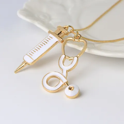 Medical Theme Stethoscope Syringe Pendant Necklace Gold Plated Alloy Enamel Doctor Nurse Professional Jewelry Gift For Women