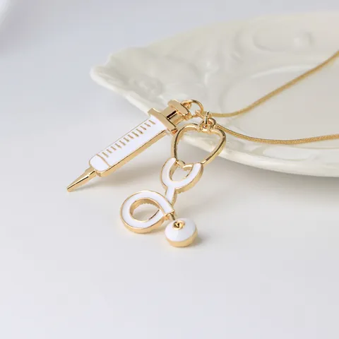 Medical Theme Stethoscope Syringe Pendant Necklace Gold Plated Alloy Enamel Doctor Nurse Professional Jewelry Gift For Women