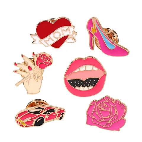 Mode Legierung Emaille Brosche Pin Herz Rose High Heels Sportwagen Lippen Stile Valentinstag Muttertag Schmuck Für Damen
