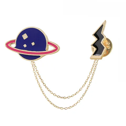 Creative Enamel Planet And Lightning Chain Brooch Alloy Dripping Oil Lapel Pin Space Theme Clothing Accessory Women Men