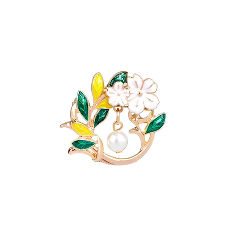 Elegant Enamel Flower Leaf Brooch Pin For Women Alloy Gold Plated Faux Artificial Pearl Pendant Floral Branch Brooch Vintage Jewelry