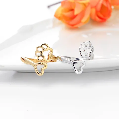 Minimalist Alloy Hollow Out Paw Print Heart Open Ring For Women Adjustable Gold Silver Plated Finger Ring Pet Lover Jewelry
