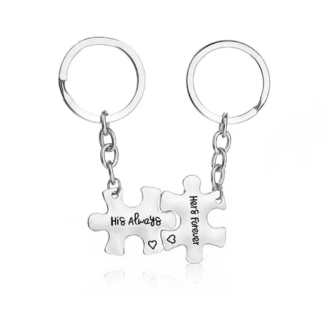 Koppel Puzzel Sleutelhangers Legering His Always Her Forever Hart Patroon Romantisch Metalen Sleutelhanger Cadeau