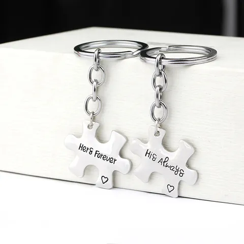 Koppel Puzzel Sleutelhangers Legering His Always Her Forever Hart Patroon Romantisch Metalen Sleutelhanger Cadeau