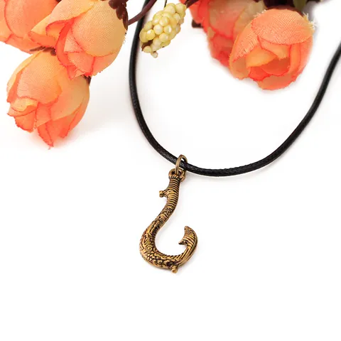Vintage Legierung Angelhaken Anhänger Halskette Stamm Geschnitzte Muster Schwarz Wachsschnur Kette Retro Ethnisch Schmuck Für Herren Damen
