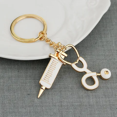 Creative Medical Theme Keychain Alloy Enamel Gold Syringe Stethoscope Pendant Keyring For Doctor Nurse Graduation Appreciation Gift Jewelry