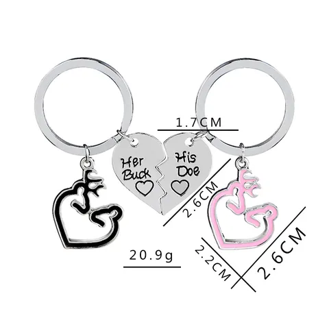 Porte-clés Couple en Alliage Puzzle Coeur Inscription Her Buck His Doe Pendentif Tête de Cerf Rose Noir Cadeau
