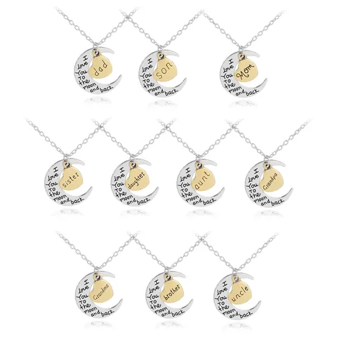 I Love You To The Moon and Back Pendant Necklace Two Tone Moon Heart Family Jewelry For Mom Dad Daughter Son Gift
