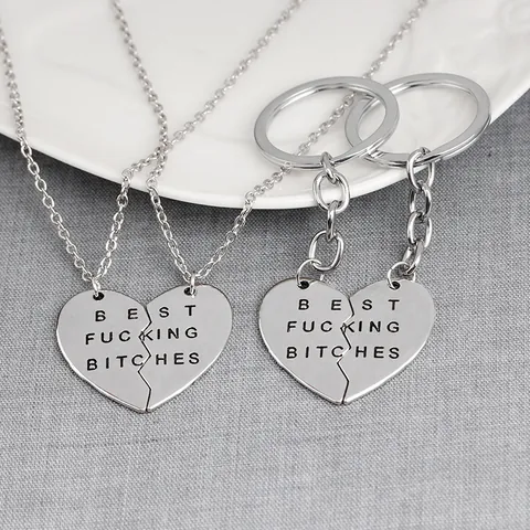 Best Fucking Bitches Friendship Heart Splicing Necklace And Keychain Set Alloy Silver Engraved Pendant For Friends Jewelry Gift