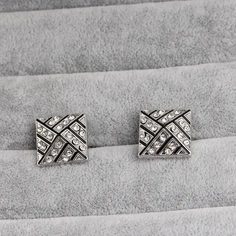 Men Business Square Alloy Cufflinks With Rhinestone Inlaid Black Enamel Geometric Pattern Silver Color Cuff Links Gift