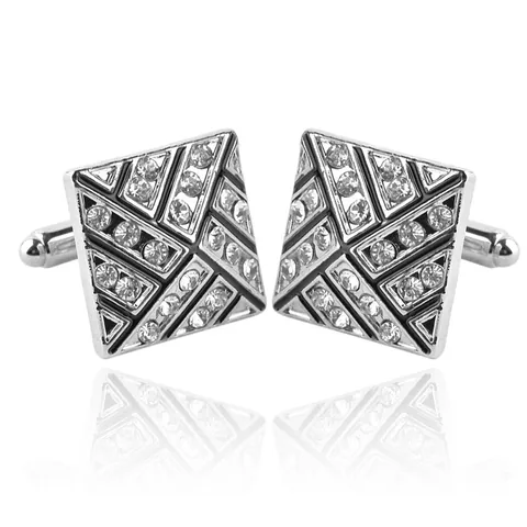 Men Business Square Alloy Cufflinks With Rhinestone Inlaid Black Enamel Geometric Pattern Silver Color Cuff Links Gift