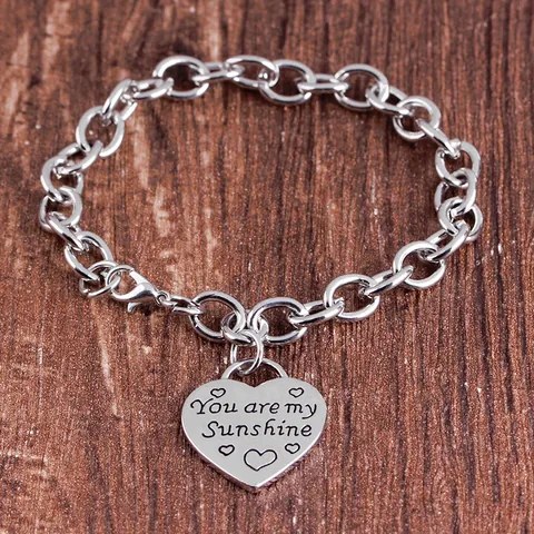 Bracelet Chaîne Avec Pendentif Cœur Gravé You Are My Sunshine Pour Femme Couleur Argent Alliage Bijoux Personnalisés