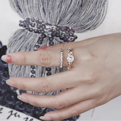Conjunto de Anillos de Banda de Flores de Aleación de Strass Vintage para Mujer Joyería de Dedo para Boda y Compromiso