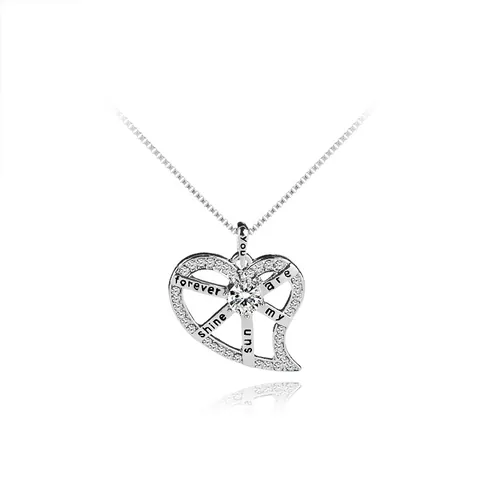 Collier Pendentif Cœur en Alliage Strass pour Femme Gravé You Are My Sunshine Forever Plaqué Argent Chaîne Vénitienne Bijoux