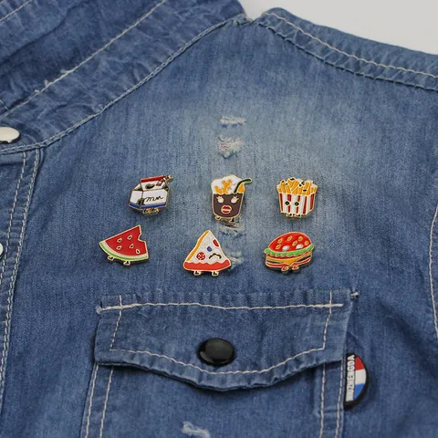 Lindo Broche De Esmalte De Comida De Dibujos Animados De Aleación Personificado Hamburguesa Papas Fritas Pizza Leche Y Sandía Para Ropa