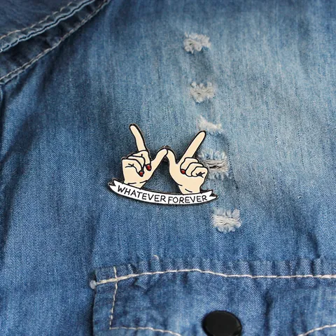 Creative Whatever Forever Hand Gesture Enamel Brooch Pin Alloy Letter Banner Clothing Bag Accessories Fashion Jewelry Gift