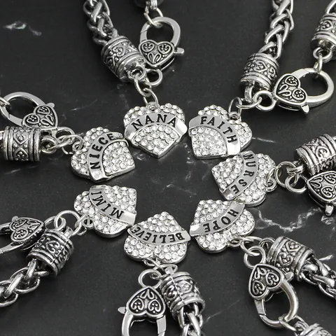 Vintage Alloy Heart Rhinestone Bracelet Silver Color Braided Chain Family Gift For Women Mom Sister Best Friend Teacher Nurse