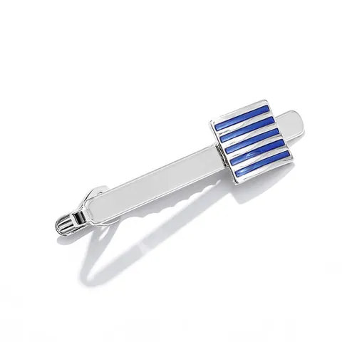 Men's Business Tie Clip Silver Copper Base Blue Enamel Stripes Rectangular Necktie Bar For Shirt Suit Formal Wedding Jewelry