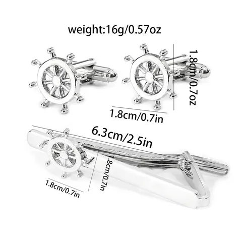 Men Business Copper Tie Clip And Cufflinks Set Nautical Ship Wheel Design Silver Electroplated Professional Neckwear Jewelry Accessory