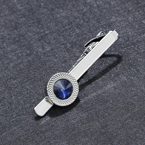 Fermacravatta in Rame Business da Uomo Placcato Argento con Zirconia Blu Tondo Intarsiato Accessorio per Ufficio