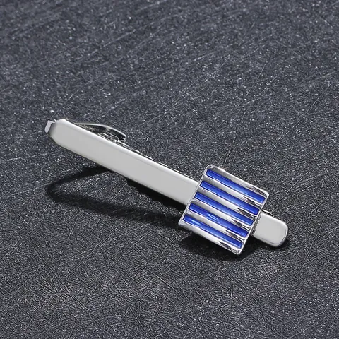 Men's Business Tie Clip Silver Copper Base Blue Enamel Stripes Rectangular Necktie Bar For Shirt Suit Formal Wedding Jewelry