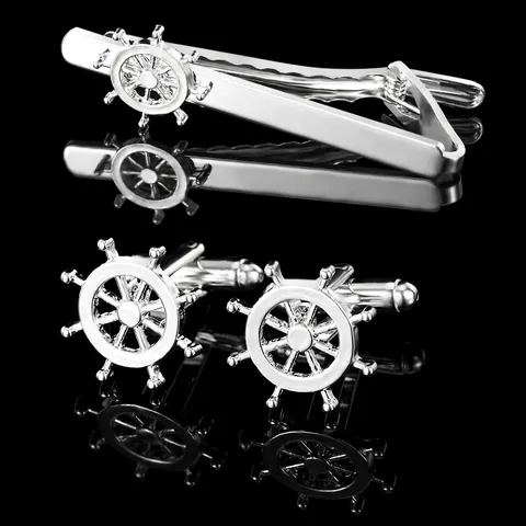 Men Business Copper Tie Clip And Cufflinks Set Nautical Ship Wheel Design Silver Electroplated Professional Neckwear Jewelry Accessory