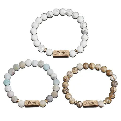 Natural Stone Beaded Bracelet With Inspirational Word Metal Plate Powerful Love Faith Forever Active Ethnic Unisex Jewelry Gift