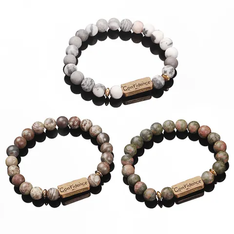 Natural Stone Beaded Bracelet With Inspirational Word Metal Plate Powerful Love Faith Forever Active Ethnic Unisex Jewelry Gift