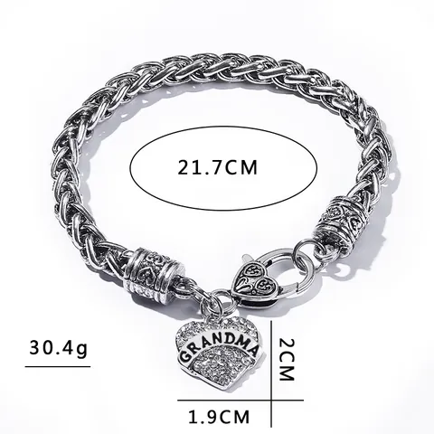 Vintage Alloy Heart Rhinestone Bracelet Silver Color Braided Chain Family Gift For Women Mom Sister Best Friend Teacher Nurse