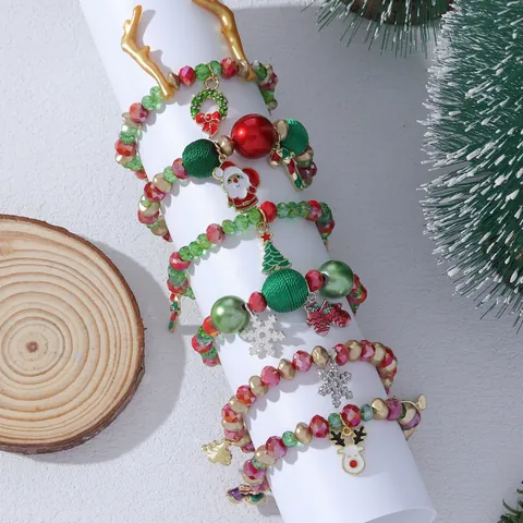 Christmas Beaded Charm Bracelet Set Alloy Enamel Santa Claus Snowman Snowflake Stretch Bracelet Festive Holiday Jewelry Gift For Women Kids
